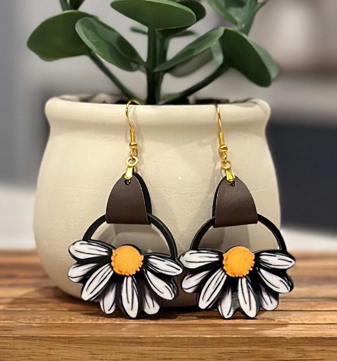 Wood and Leather Flower Earrings