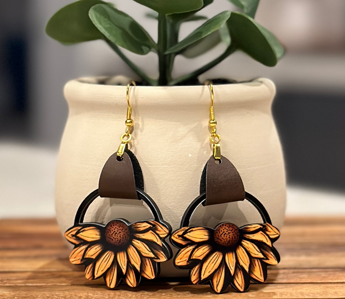 Wood and Leather Flower Earrings