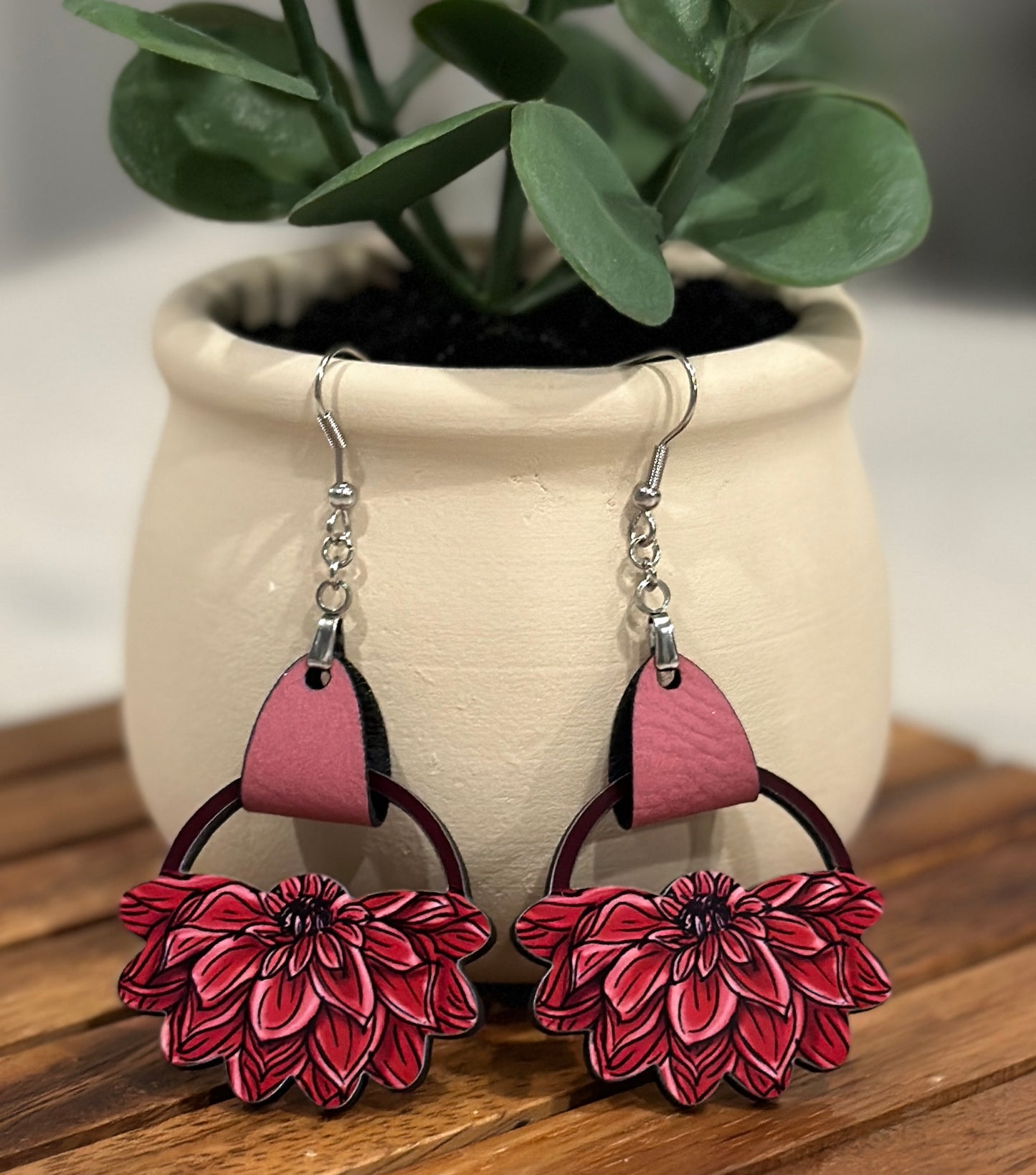 Wood and Leather Flower Earrings