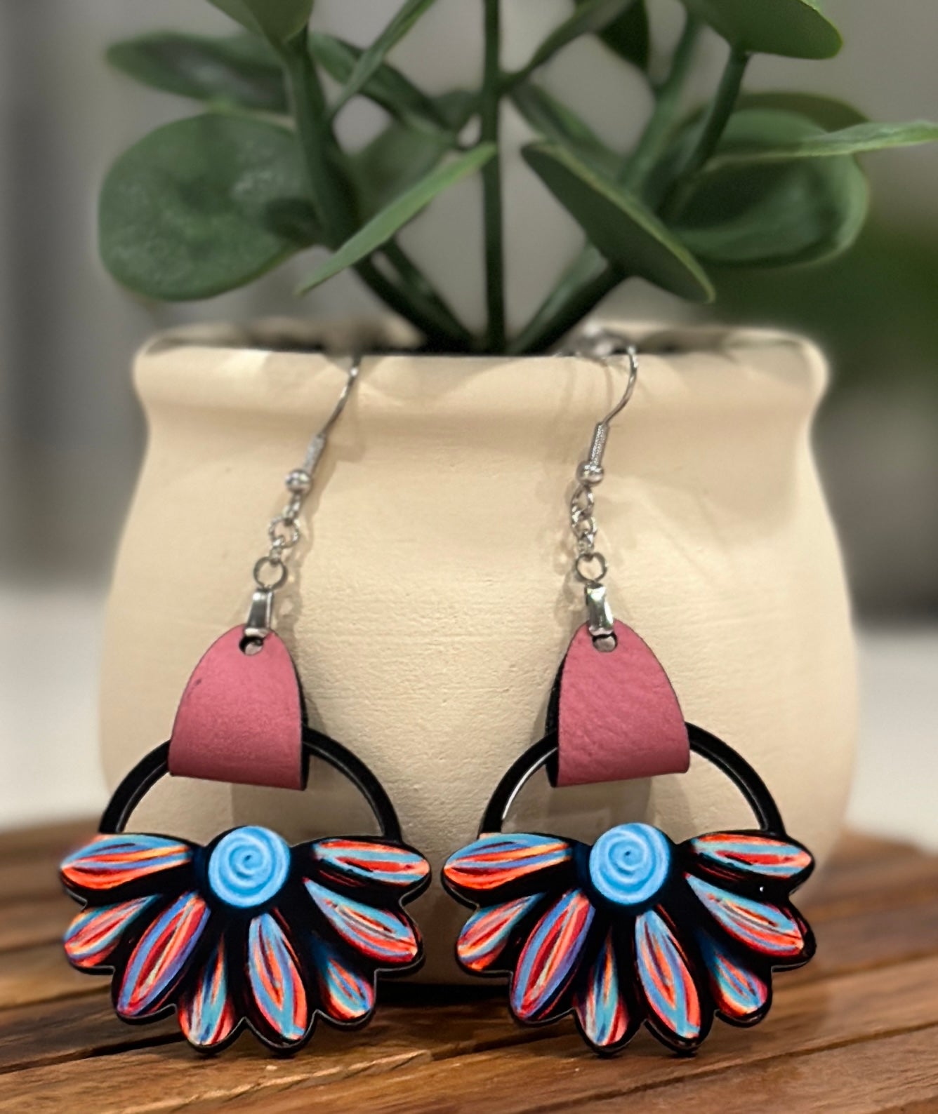 Wood and Leather Flower Earrings