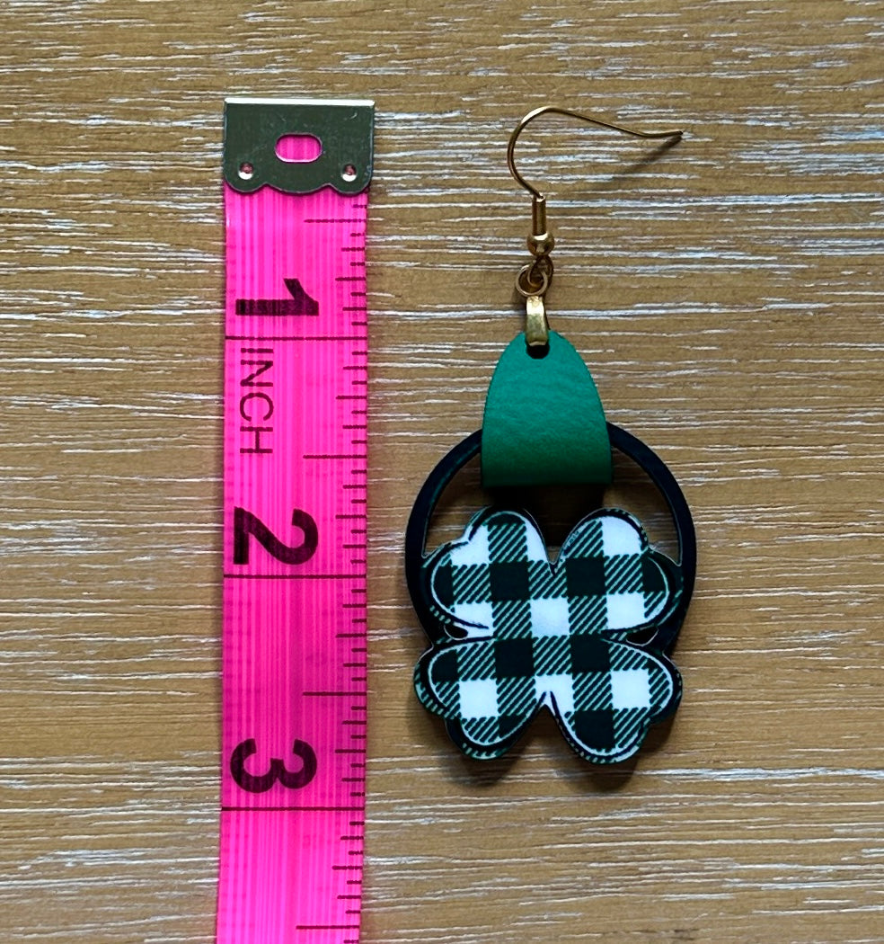 Wood and Leather Clover Earrings