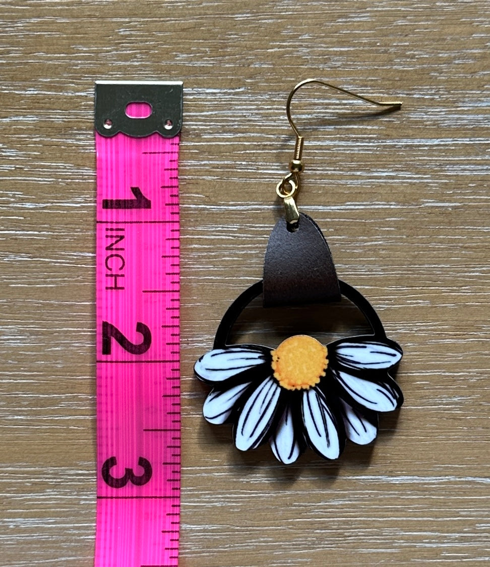 Wood and Leather Flower Earrings