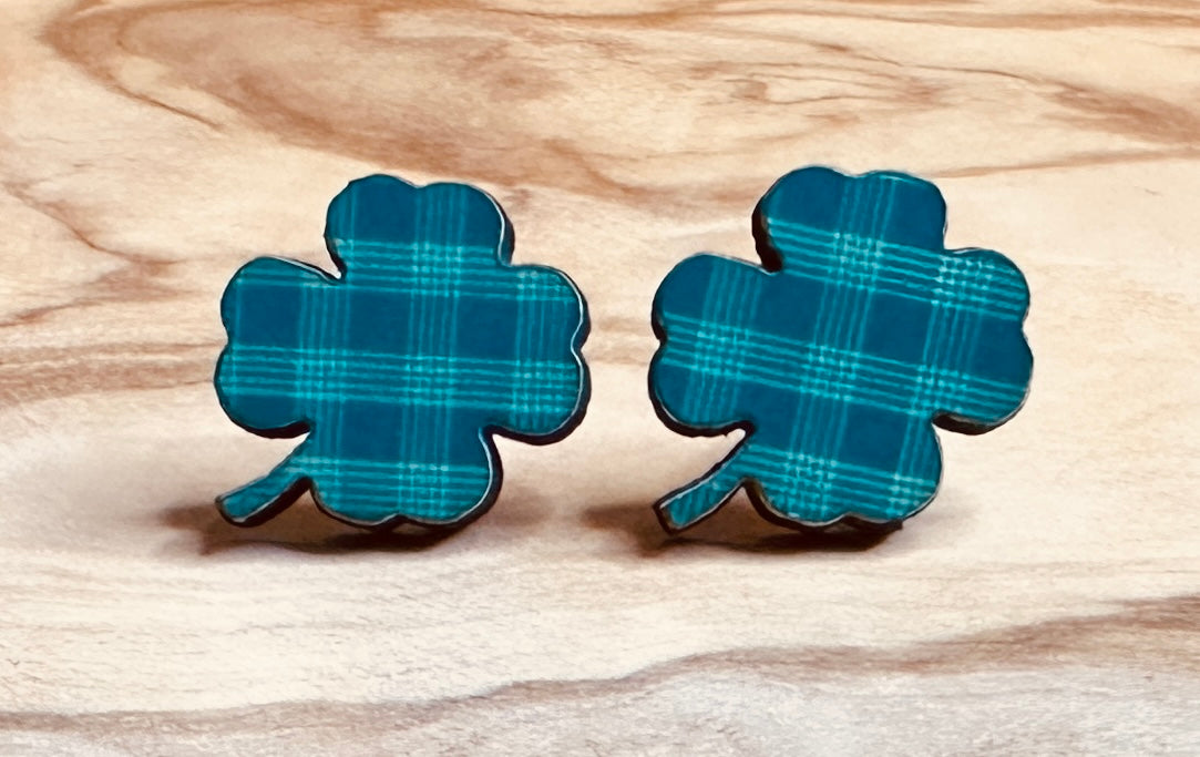 Green Plaid Shamrock Stud Earrings