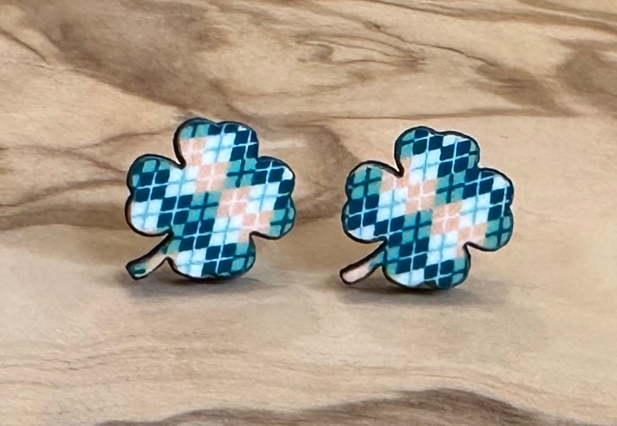 Green and Yellow argyle shamrock stud earrings