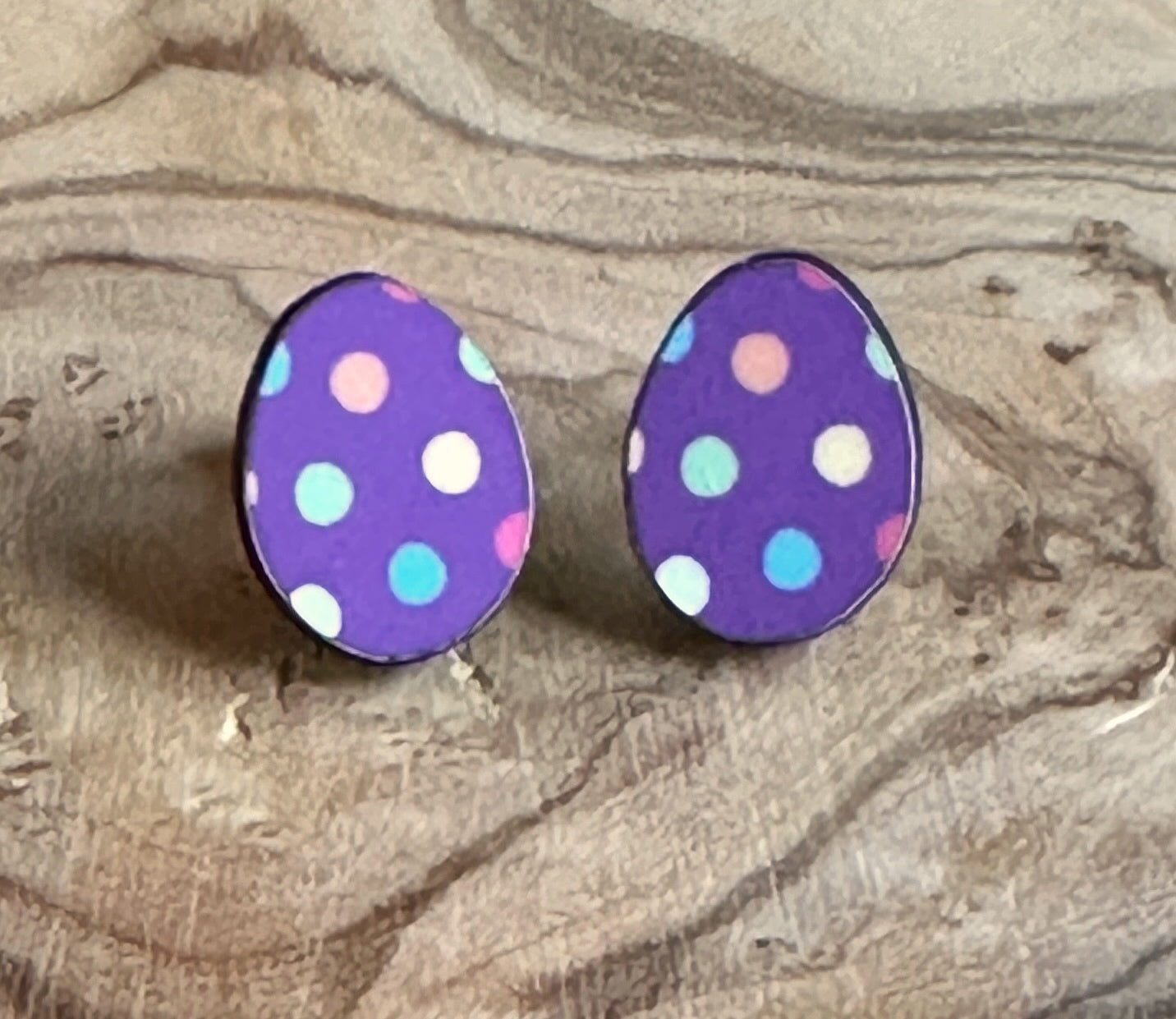 purple with multi color polka dots egg shaped stud earrings