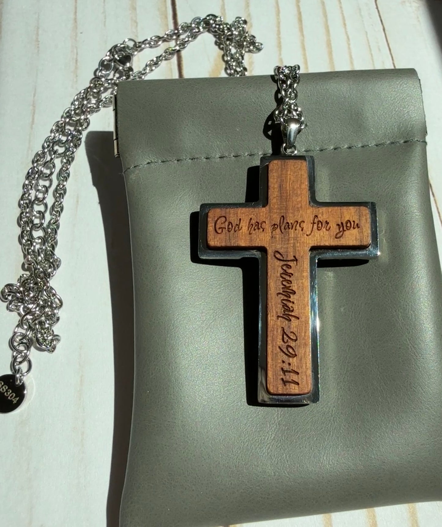 Custom Engraved Wood Cross Necklace (Color: Natural)