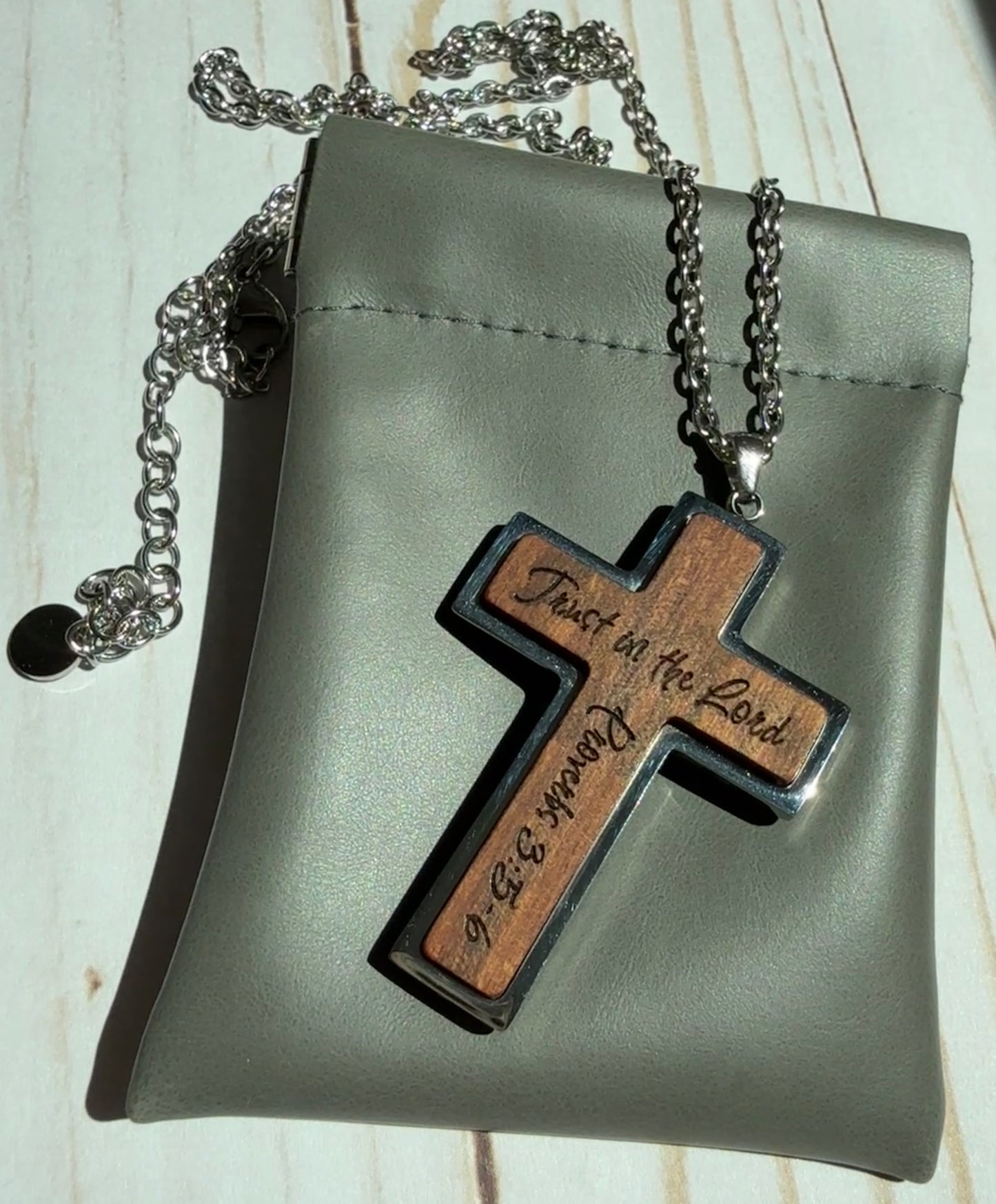 Custom Engraved Wood Cross Necklace (Color: Natural)