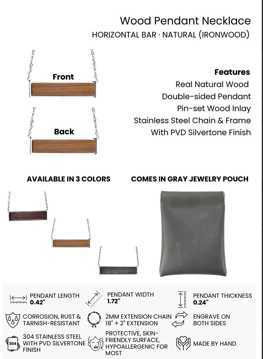 Custom Engraved Wood Horizontal Bar Necklace (Color: Natural)