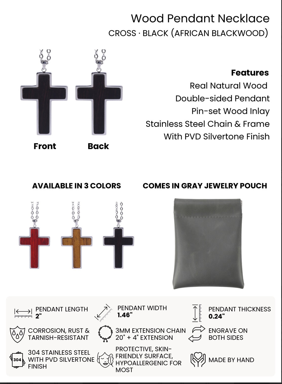 Custom Engraved Wood Cross Necklace (Color: Black)