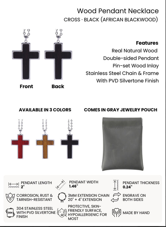 Custom Engraved Wood Cross Necklace (Color: Black)